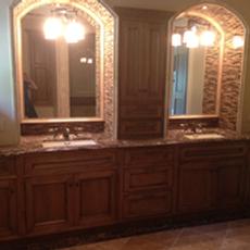 Maple vanity - Brown glaze with fly speck finish on Maple cabinetry